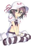  bad_id bad_pixiv_id dai_(uhyoko1102151) facial_mark hat merry_nightmare midriff pointy_ears short_hair simple_background sitting skirt solo striped striped_legwear thighhighs wariza white_background yumekui_merry 