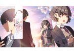  1boy 1girl :o bangs black_jacket blazer blush braid brown_cardigan brown_hair cardigan cellphone character_request collared_shirt douka_ore_wo_houtteoitekure eyebrows_visible_through_hair fingernails flower ga_bunko grey_skirt hair_flower hair_ornament hanamitsuji_sora hands_up highres holding holding_phone jacket long_sleeves looking_at_another mamyouda miniskirt multiple_views nail_polish necktie novel_illustration official_art open_clothes open_jacket outdoors phone pink_flower pink_nails pleated_skirt red_eyes school_uniform shirt short_hair skirt sleeves_past_wrists teeth textless translated upper_teeth white_shirt 