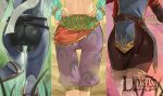  1boy absurdres alternate_costume ass ass_focus bodysuit bridal_gauntlets bulge from_behind gerudo_set_(zelda) gloves hands_on_hips highres link logo_parody lower_body multiple_persona official_alternate_costume otoko_no_ko pants royal_guard_set_(zelda) scarf stealth_set_(zelda) tamako_(tamatamako01) the_legend_of_zelda the_legend_of_zelda:_breath_of_the_wild thigh_gap tight tight_pants 
