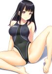  1girl bangs barefoot black_hair black_swimsuit blunt_bangs breasts clothes_removed competition_swimsuit covered_nipples highleg highleg_swimsuit highres kuri_(kurigohan) long_hair looking_at_viewer m_legs medium_breasts one-piece_swimsuit original red_eyes simple_background sitting solo speedo_(company) spread_legs swimsuit white_background 