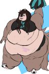  2:3 absurd_res anthro belly big_belly big_breasts bodily_fluids bottomwear breasts brown_hair canid canine canis cheerleader clothing exhausted female fluffy fluffy_tail footwear hair hi_res jackal long_hair lumieart mammal obese obese_anthro obese_female overweight overweight_anthro overweight_female raised_arm raised_leg shoes skirt sneakers solo sweat tight_clothing tired 