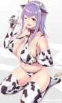  1girl ;d animal_ears animal_print bangs bell bikini blush bottle breasts brown_eyes cleavage collar collarbone commentary_request cow_ears cow_horns cow_print curvy elbow_gloves eyebrows_visible_through_hair fake_animal_ears fake_horns gloves grabbing_own_breast heart highres holding holding_bottle horns large_breasts long_hair looking_at_viewer milk_bottle navel no_shoes one_eye_closed open_mouth original print_bikini print_gloves print_legwear purple_hair red_collar saemon_(tonpura) seiza signature sitting skindentation smile solo spoken_heart swimsuit tail thighhighs thighs 