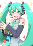  1girl :d aqua_eyes aqua_hair aqua_nails aqua_neckwear bangs bare_shoulders breasts clothes_writing collared_shirt confetti detached_sleeves eighth_note eyebrows_visible_through_hair facing_away fingernails full_body grey_shirt hair_between_eyes hands_together hatsune_miku headset hinotama_(hinotama422) long_hair long_sleeves looking_at_viewer medium_breasts microphone musical_note nail_polish necktie number_tattoo open_mouth shirt shoulder_tattoo simple_background sleeveless sleeveless_shirt smile solo tattoo twintails very_long_hair vocaloid 