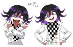  1boy :d bangs black_hair checkered checkered_neckwear checkered_scarf commentary_request crazy_eyes crossed_arms danganronpa_(series) danganronpa_v3:_killing_harmony double-breasted evil_smile furukawa_(yomawari) hair_between_eyes highres jacket long_sleeves long_tongue looking_at_viewer male_focus multicolored_hair open_mouth ouma_kokichi pale_skin purple_eyes purple_hair scarf shaded_face short_hair simple_background smile straitjacket tongue tongue_out translated two-tone_hair upper_body white_jacket 