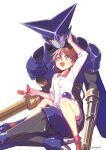  1boy 1girl blue_skin brown_hair character_request colored_skin copyright_request helmet highres horned_hea red_eyes silver_eyes 