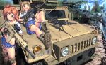  2girls :d assault_rifle blue_eyes blush boots brown_eyes brown_hair cloud collarbone fn_scar gloves ground_vehicle gun hairband hase_yu headband holding holding_gun holding_weapon humvee knee_pads legs light_machine_gun long_hair looking_at_viewer lying m249 m4_carbine machine_gun midriff military military_vehicle motor_vehicle multiple_girls on_back open_mouth original pleated_skirt rifle school_uniform serafuku short_hair side_ponytail sidelocks skirt sky smile socks tank thigh_strap weapon white_legwear 