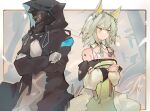  1other 2girls amiya_(arknights) animal_ear_fluff animal_ears arknights bare_shoulders black_jacket brown_hair bunny_ears choker clenched_hands closed_mouth commentary_request crossed_arms doctor_(arknights) dress food frown gloves green_dress green_eyes green_hair grey_gloves head_tilt highres hood hood_up hooded_jacket jacket kal&#039;tsit_(arknights) long_sleeves looking_to_the_side lynx_ears mask medium_hair mikojin multiple_girls noodles off-shoulder_jacket oripathy_lesion_(arknights) pout short_hair sidelocks stethoscope strap strapless strapless_dress sulking white_jacket 