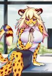  2021 5_fingers anthro black_spots breasts cheetah clothed clothing digital_media_(artwork) dragonfu felid feline female fingers fur looking_at_viewer mammal sitting smile solo spots yellow_body yellow_fur 