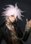  1boy akiko_141 bangs black_jacket broken broken_chain chain chained collar collarbone commentary_request cuffs danganronpa_(series) danganronpa_another_episode:_ultra_despair_girls hair_between_eyes hand_up handcuffs highres jacket komaeda_nagito long_sleeves looking_at_viewer male_focus open_clothes open_jacket red_nails shackles smile solo upper_body white_hair 
