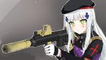  assault_rifle beret black_headwear expressionless eyebrows_visible_through_hair facial_mark foregrip girls_frontline gloves green_eyes gun h&amp;k_hk416 hair_ornament hat hk416_(girls_frontline) jacket karu_(kashimiru8143) long_hair long_sleeves optical_sight rifle silver_hair suppressor weapon white_gloves 