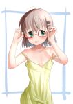  1girl absurdres bare_shoulders breasts chemise collarbone commentary_request cowboy_shot green_eyes grey_hair hair_ornament hairclip highres kohshibasaki lingerie looking_at_viewer off_shoulder rectangular_eyewear semi-rimless_eyewear short_hair small_breasts solo spaghetti_strap tongue tongue_out underwear yama_no_susume yukimura_aoi 