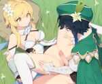  1boy 1girl bangs black_hair blonde_hair blush braid breasts censored cleavage collared_capelet dress elbow_gloves flower genshin_impact gloves gradient_hair grass hair_flower hair_ornament hat hat_flower hetero imminent_sex imminent_vaginal large_breasts looking_at_viewer lumine_(genshin_impact) lying mosaic_censoring multicolored_hair on_back penis pepper0 rock short_hair short_hair_with_long_locks solo_focus spread_legs thighhighs twin_braids venti_(genshin_impact) white_dress white_flower white_legwear yellow_eyes 