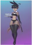  alcohol anthro beverage black_hair black_nose bottomwear bow_tie bulge bunny_costume bunny_ears_(cosmetic) clothed clothing costume front_view girly gradient_background gun hair hi_res holding_object holding_weapon looking_at_viewer lutrine male mammal midriff mr-shin mustelid ranged_weapon river_otter shin_(mr-shin) short_hair shorts simple_background smile solo thick_thighs topwear weapon wide_hips 
