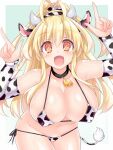  1girl animal_ears animal_print bare_shoulders bell blonde_hair blush breasts cleavage collar cow_ears cow_horns cow_print cowbell elbow_gloves eyebrows_visible_through_hair fang gloves happy highres horns kami_jigen_game_neptune_v kazuneko_(wktk1024) large_breasts leotard long_hair neptune_(series) open_mouth orange_eyes power_symbol skindentation solo symbol-shaped_pupils yellow_heart 