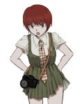  1girl angry bangs camera collared_shirt cowboy_shot danganronpa_(series) danganronpa_2:_goodbye_despair dress freckles green_dress grey_background grey_shirt hands_on_hips highres koizumi_mahiru looking_at_viewer necktie open_mouth plaid_necktie pleated_dress red_hair red_necktie sema_(vivaviva_02) shirt short_hair short_sleeves simple_background smile solo teeth upper_teeth white_necktie 