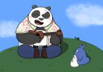  2019 anthro black_body black_fur black_nose blue_body blush bottomwear clothed clothing cute_fangs dreamworks eyes_closed fur ghibli giant_panda group kassis_orange kemono kung_fu_panda male mammal master_po_ping my_neighbor_totoro open_clothing open_shirt open_topwear outside overweight overweight_male pants shirt topwear ursid white_body white_fur 