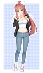 1girl alternate_costume black_jacket breasts brown_hair camisole casual commentary commission cryingrobot denim doki_doki_literature_club english_commentary english_text eyebrows_visible_through_hair full_body green_eyes hair_ribbon heart heart_hands highres jacket jeans large_breasts long_hair long_sleeves looking_at_viewer midriff monika_(doki_doki_literature_club) navel off_shoulder open_clothes open_jacket outline pants plaid plaid_background ponytail repost_notice ribbon simple_background smile solo spaghetti_strap standing very_long_hair white_camisole white_footwear white_outline white_ribbon 