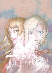  2girls ayamura_kirihito blonde_hair brown_hair bug butterfly glowing_butterfly insect kate_ashley lise_mayer long_hair medium_hair multiple_girls open_mouth parted_lips red_garden red_ribbon ribbon shirt simple_background upper_body white_shirt 