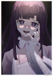  1girl :d absurdres apron bandaged_arm bandaged_hands bandages bangs black_background blunt_bangs blush border collared_shirt commentary_request danganronpa_(series) danganronpa_2:_goodbye_despair finger_to_mouth hand_up highres huge_filesize long_arms long_hair looking_at_viewer mole mole_under_eye open_mouth pin_jiu pink_shirt purple_eyes purple_hair shiny shiny_hair shirt smile solo tsumiki_mikan upper_body upper_teeth white_apron white_border 