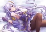  1girl animal_ears bed breasts cat_ears closed_mouth genshin_impact gloves highres keqing long_hair looking_at_viewer lying medium_breasts on_back on_bed purple_eyes purple_hair sebu_illust smile solo thighhighs upper_body 