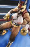  2020 amira_winters anthro areola athletic athletic_anthro athletic_female biceps big_breasts black_nose blue_eyes boots boxing_gloves breasts brown_body brown_fur canid canine clothed clothing crotchless_bottomwear crotchless_clothing digital_media_(artwork) female footwear fur genitals gloves_(marking) hair handwear headgear hi_res inner_ear_fluff koc leg_markings long_legs mammal maned_wolf markings muscular muscular_anthro muscular_female nipples pink_areola pink_nipples pussy red_hair shintori sitting smile socks_(marking) solo story story_in_description thong topless topless_female tuft underwear 