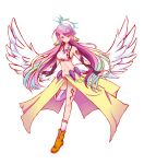  1girl absurdres angel_wings breasts brown_footwear elbow_gloves ella_zhao feathered_wings gloves halo highres jibril_(no_game_no_life) long_hair low_wings magic_circle midriff mismatched_legwear navel no_game_no_life outstretched_arms purple_hair red_eyes sideboob single_thighhigh small_breasts solo standing standing_on_one_leg thighhighs thighs transparent_background very_long_hair watermark white_wings wing_ears wings 