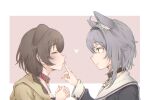  animal_ear_fluff animal_ears black_collar black_shirt braid brown_hair cat_ears closed_eyes closed_mouth collar commentary dog_ears eyebrows_visible_through_hair eyelashes finger_to_another&#039;s_mouth from_side hajime_wataru hands_clasped heart highres hololive index_finger_raised inugami_korone jacket long_sleeves looking_at_another medium_hair nekomata_okayu own_hands_together pink_background portrait profile puckered_lips purple_eyes purple_hair red_collar sailor_collar shirt side_braid simple_background smile virtual_youtuber white_background yellow_jacket yuri 