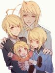  4boys :d absurdres ahoge blonde_hair c52278 child closed_mouth highres holding hotori_tadase looking_at_viewer male_focus multiple_boys multiple_persona open_mouth red_eyes shoes shugo_chara! smile sweater 