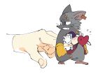  anthro clothing ear_tag fur gloves grey_body grey_fur handwear heart_(mad_rat_dead) hole_(anatomy) mad_rat_(character) mad_rat_dead male mammal murid murine poking rat rodent size_difference socco 