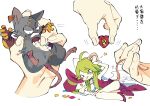  &lt;3 anthro blonde_hair blush disembodied_hand female fur grey_body grey_fur hair heart_(mad_rat_dead) hole_(anatomy) human japanese_text mad_rat_(character) mad_rat_dead male mammal murid murine rat rat_god_(mad_rat_dead) rodent socco stitch_(sewing) text 