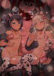  2girls 2others animal_ears animal_print bell bikini black_hair blonde_hair bow closed_mouth collarbone cow_ears cow_horns cow_print cowbell eyebrows_visible_through_hair flat_chest grecale_(kantai_collection) green_eyes hair_between_eyes hair_bow hair_ornament hairclip horns kantai_collection long_hair multiple_girls multiple_others navel pink_bow scirocco_(kantai_collection) sex shin_(new) short_hair smile swimsuit thighhighs tongue tongue_out v white_bikini white_legwear 