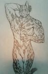  2020 abs anthro felid feline genitals hand_behind_head hi_res humanoid_genitalia humanoid_penis jacketbear male mammal monochrome muscular muscular_anthro muscular_male nipples nude penis sketch solo spots standing traditional_media_(artwork) 