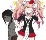  2girls bangs black_bra black_shirt blush bow bra breasts brown_hair bunny_hair_ornament closed_eyes collarbone commentary_request cosplay cowboy_shot danganronpa:_trigger_happy_havoc danganronpa_(series) dual_persona enoshima_junko enoshima_junko_(cosplay) facing_viewer fingernails freckles frown furukawa_(yomawari) grey_background grin hair_ornament hand_on_hip hand_up highres ikusaba_mukuro long_fingernails long_hair miniskirt multiple_girls nail_polish necktie pale_skin pleated_skirt polka_dot_neckwear red_bow red_nails red_skirt shiny shiny_hair shirt short_hair short_sleeves siblings simple_background sisters skirt sleeves_rolled_up small_breasts smile sparkle spoilers twintails two-tone_bow underwear w white_bow 