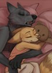  2021 anthro black_body black_fur black_nose brown_body brown_fur canid canine canis cheek_tuft clothed clothing cuddling dipstick_ears duo eyes_closed facial_tuft female fox fully_clothed fur male mammal multicolored_ears open_mouth pillow plushie shirt sleeping smile tank_top teddy_bear teeth topwear tuft wolf yshanii 