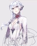  1girl breasts cleavage cowboy_shot ella_zhao grey_eyes highres lips long_hair looking_at_viewer sinoalice sketch snow_white_(sinoalice) solo turtleneck_dress white_background white_hair 