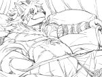  4:3 anthro asian_clothing athletic athletic_anthro athletic_male canid canine canis clothing facial_hair fingers fur gamma-g hair hi_res humanoid_hands line_art lying male mammal monochrome on_back pubes tattoo temujin tokyo_afterschool_summoners video_games wolf 