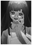  1girl :d absurdres apron bandaged_arm bandaged_hands bandages bangs blunt_bangs blush border collared_shirt danganronpa_(series) danganronpa_2:_goodbye_despair finger_to_mouth greyscale hand_up highres long_arms long_hair looking_at_viewer mole mole_under_eye monochrome open_mouth pin_jiu shiny shiny_hair shirt smile solo tsumiki_mikan upper_body upper_teeth white_border 