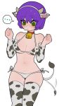  ... 1girl @_@ animal_ears animal_print bell bikini blush breasts choker closed_mouth cow_ears cow_girl cow_horns cow_print cow_tail cowbell detached_sleeves fake_animal_ears fake_horns green_eyes grey_bikini grey_legwear hairband hands_up highres horns large_breasts legs_together long_sleeves navel neck_bell original purple_hair red_choker short_hair side-tie_bikini simple_background solo sparrowl spoken_ellipsis sweatdrop swimsuit tail tail_wagging thighhighs white_background 