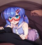  1boy 1girl ahoge bangs bell bell_choker black_choker black_shirt blue_eyes blue_hair blue_panties blush breasts bulge choker collarbone erection erection_under_clothes eyebrows_visible_through_hair glasses hair_between_eyes hair_ornament hairclip heart highres jingle_bell long_hair null_(nyanpyoun) open_mouth otomachi_una panties pleated_skirt red-framed_eyewear sailor_collar semi-rimless_eyewear shirt skirt sleeveless small_breasts solo_focus talkex twintails under-rim_eyewear under_covers underwear vocaloid 