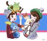  1boy 1girl ;d beanie bob_cut brown_eyes brown_hair cable_knit cardigan closed_eyes commentary_request eyelashes gloria_(pokemon) green_headwear grey_cardigan grey_headwear grookey happy hat holding holding_pokemon hooded_cardigan looking_up niiichi_21pk on_head one_eye_closed open_mouth pokemon pokemon_(creature) pokemon_(game) pokemon_on_head pokemon_swsh red_shirt scorbunny shirt short_hair signature sleeves_rolled_up smile sobble starter_pokemon_trio tam_o&#039;_shanter tongue victor_(pokemon) 