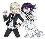  2boys angry bangs black_hair black_jacket black_neckwear blonde_hair blush blush_stickers checkered checkered_scarf collared_shirt commentary_request danganronpa_(series) danganronpa_2:_goodbye_despair danganronpa_v3:_killing_harmony eye_contact freckles furukawa_(yomawari) grin highres jacket kuzuryuu_fuyuhiko locked_arms long_sleeves looking_at_another male_focus multiple_boys necktie ouma_kokichi pants pointing_at_another purple_eyes purple_hair scarf shirt short_hair simple_background smile straitjacket striped striped_jacket striped_pants symbol_commentary unmoving_pattern white_background white_jacket white_pants 