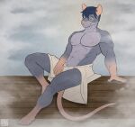  abs anthro blue_hair clothed clothing fur grey_body grey_fur hair male mammal murid murine muscular muscular_anthro muscular_male nails nipple_piercing nipples one-two pecs piercing rat rodent sauna sitting skimpy solo steam towel towel_only whiskers wolfguidetl 