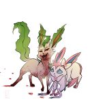  absurd_res ambiguous_gender blood blue_eyes bodily_fluids bullying cowering duo eeveelution fangs feral green_body hair hi_res intimidation leafeon nintendo pink_body pok&eacute;mon pok&eacute;mon_(species) red_hair scary sylveon teeth_showing unknown_artist video_games white_body 