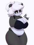  absurd_res anthro big_breasts big_butt black_body black_fur blush bra breasts butt chubby_female clothed clothing digital_media_(artwork) dolly_may female fur giant_panda hi_res mammal mando overweight overweight_anthro simple_background slightly_chubby smile solo thick_thighs underwear ursid white_body white_fur 