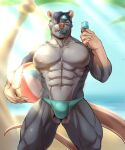  abs accessory anthro ball beach beach_ball blue_hair buckteeth bulge clothing eating food fur grey_body grey_fur hair hair_over_eye headband hi_res kenjishini looking_at_viewer male mammal murid murine muscular muscular_anthro muscular_male nails one-two one_eye_obstructed outside palm_tree plant popsicle ppecs rat rodent seaside solo speedo standing swimwear teeth tree whiskers 
