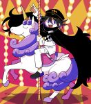  1boy :d arm_up bangs black_cape black_hair black_headwear cape carousel checkered checkered_scarf commentary_request danganronpa_(series) danganronpa_v3:_killing_harmony floating_cape from_side furukawa_(yomawari) hat highres horns jacket long_sleeves looking_at_viewer male_focus multicolored_hair open_mouth ouma_kokichi pants purple_eyes purple_hair scarf shoes short_hair single_horn sitting smile solo straitjacket symbol_commentary two-tone_hair unicorn uniform upper_teeth white_jacket white_pants 