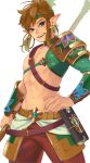  1boy artist_name bangs blonde_hair blue_eyes brown_hair collarbone cowboy_shot desert_voe_set_(zelda) earrings fangs hand_on_hip highres holding holding_weapon hoop_earrings iva_(sena0119) jewelry link looking_at_viewer male_focus navel official_alternate_costume open_mouth pants pointy_ears polearm sheikah_slate simple_background smile solo spear stomach the_legend_of_zelda the_legend_of_zelda:_breath_of_the_wild weapon white_background 