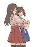  2girls akagi_(kantai_collection) black_legwear blue_hakama brown_eyes brown_hair cowboy_shot hakama hakama_skirt highres hug hug_from_behind ina_(1813576) japanese_clothes kaga_(kantai_collection) kantai_collection kimono long_hair multiple_girls red_hakama remodel_(kantai_collection) side_ponytail simple_background standing tasuki thighhighs white_background white_kimono 