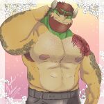  1:1 2021 abs anthro armpit_hair beard body_hair border bottomwear bowser chest_hair clothed clothing facial_hair gradient_background hair hand_behind_head hi_res horn koopa leaf looking_at_viewer male mario_bros muscular muscular_anthro muscular_male navel nintendo nipples obliques pants pecs pink_background scalie shadowmatamori signature simple_background smile solo standing tattoo topless topless_male video_games white_border yellow_background 