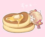  1girl blonde_hair butter closed_eyes commentary_request food hair_ornament hair_ribbon hoshimame_mana in_food kamikita_komari little_busters! lying oversized_food oversized_object pancake pink_background red_ribbon ribbon short_hair simple_background sleeping solo star_(symbol) star_hair_ornament translation_request 